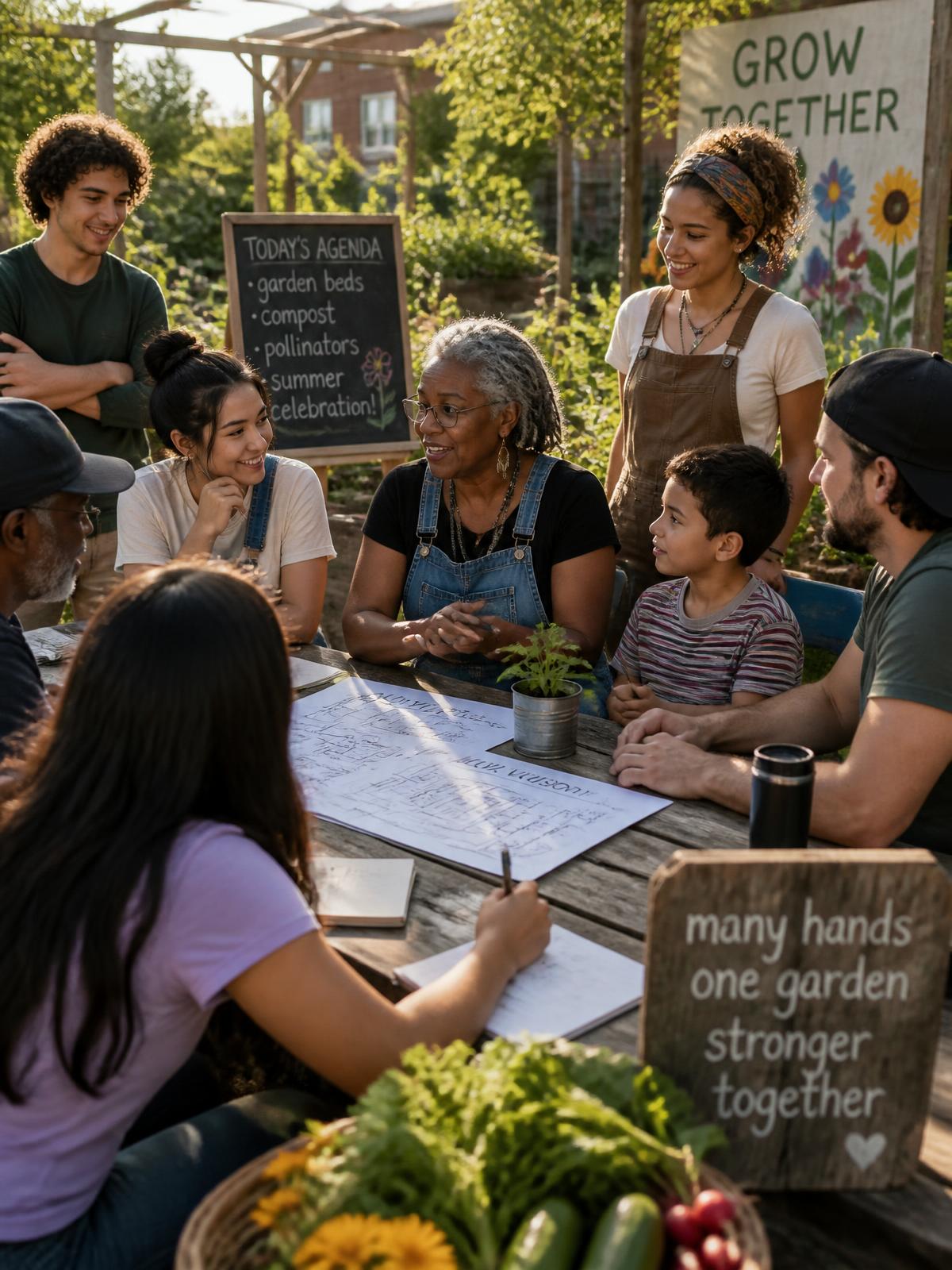 A warm community garden meeting with neighbors of diverse generations sharing plans and conversation.