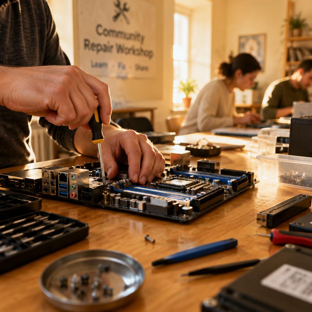 Hands using a screwdriver on a computer motherboard at a community repair workshop table.